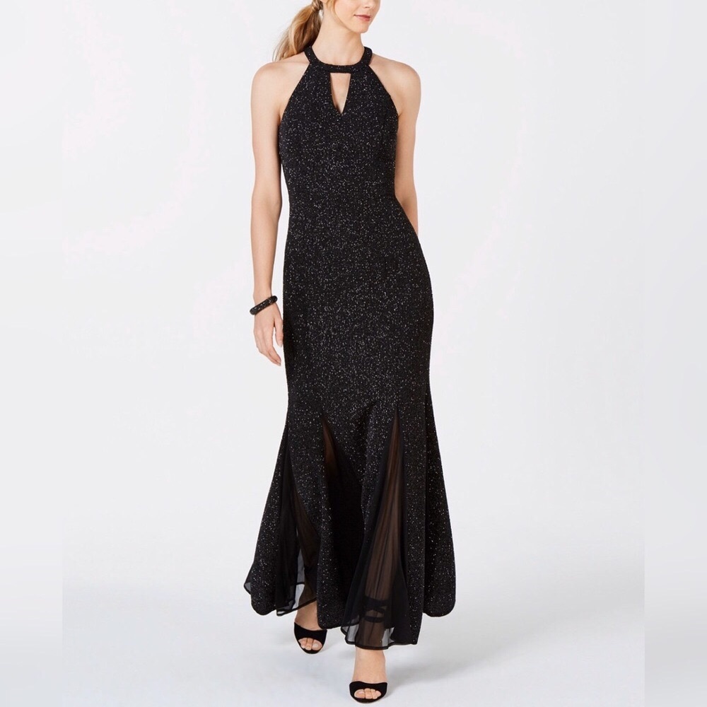NE Nightway Black + Silver Glitter Knit Teardrop Gown